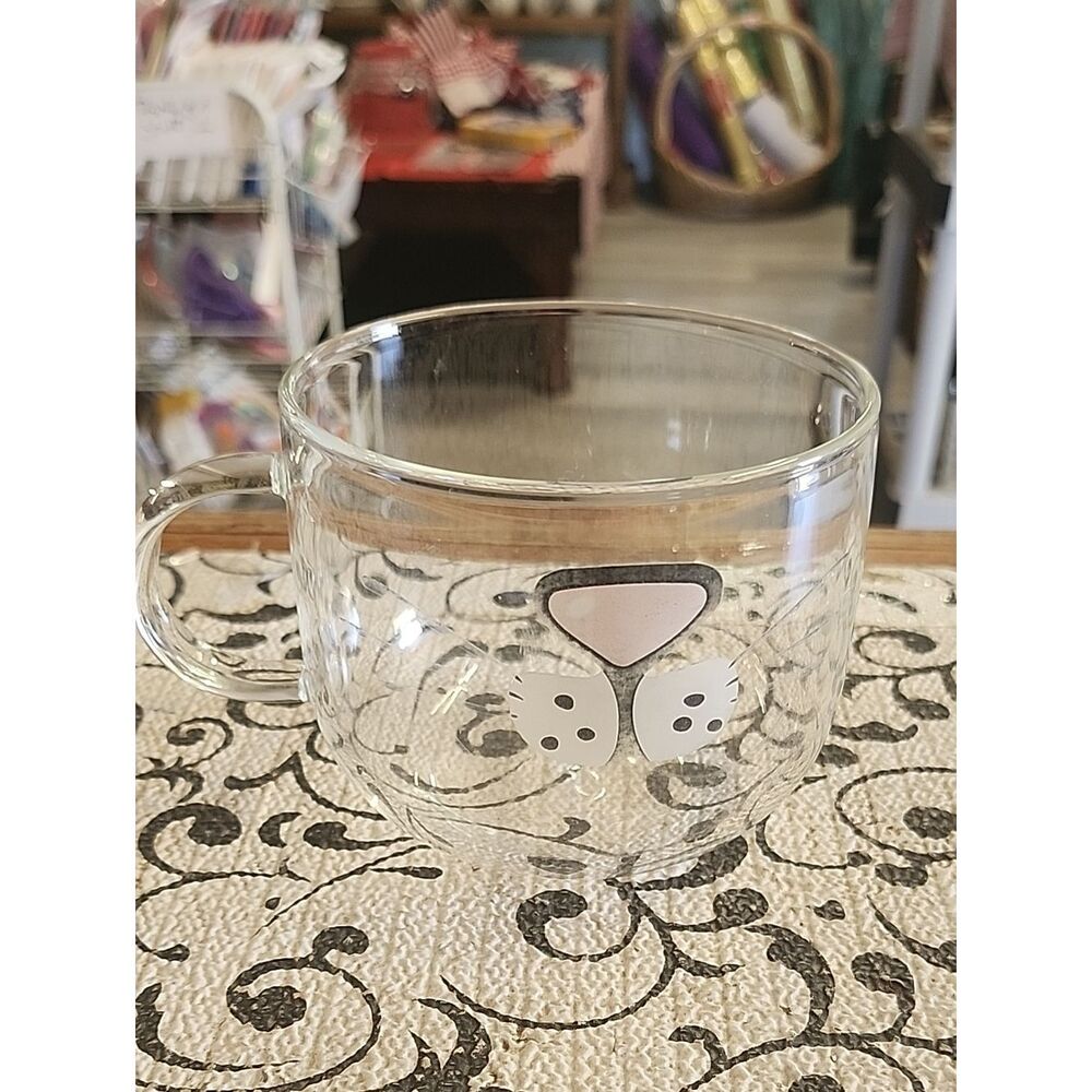Clear Glass Cat Face Coffee Mug with Pink Nose